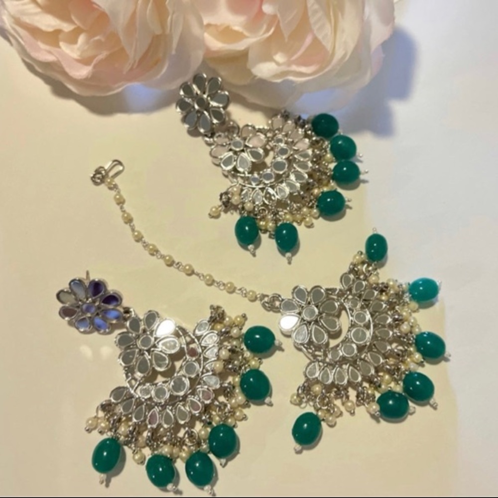 Indian Silver and Green Earrings and Tikka Set for Women Party Wear Jewelry Set